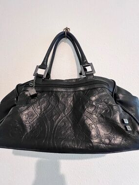 Helen Welsh Black Leather Embossed Floral Satchel Y2K